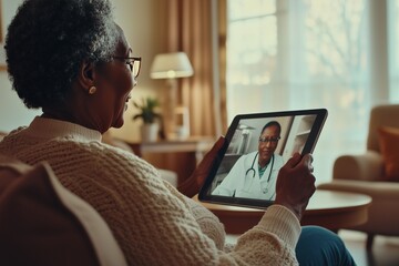 An elderly Black man holds a smartphone showing a virtual consultation with an older Black male doctor in a white coat. The image reflects modern telemedicine