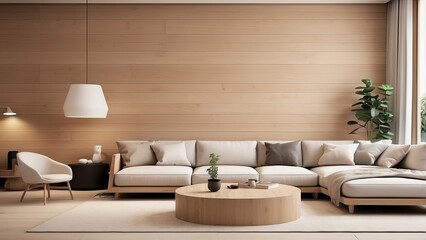A tasteful and cozy minimalist living area with a wood wall texture backdrop-
