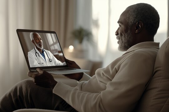 An elderly Black man holds a smartphone showing a virtual consultation with an older Black male doctor in a white coat. The image reflects modern telemedicine