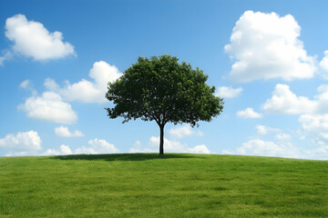 Obraz premium A vibrant green hill holds a solitary tree under a clear blue sky adorned with soft clouds
