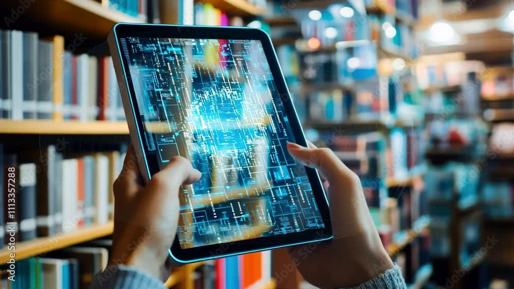 Poster a person is holding a tablet in a library