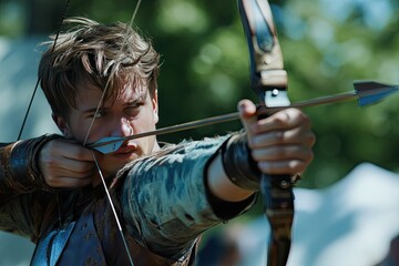 Young archer aiming medieval-style bow and arrow.
