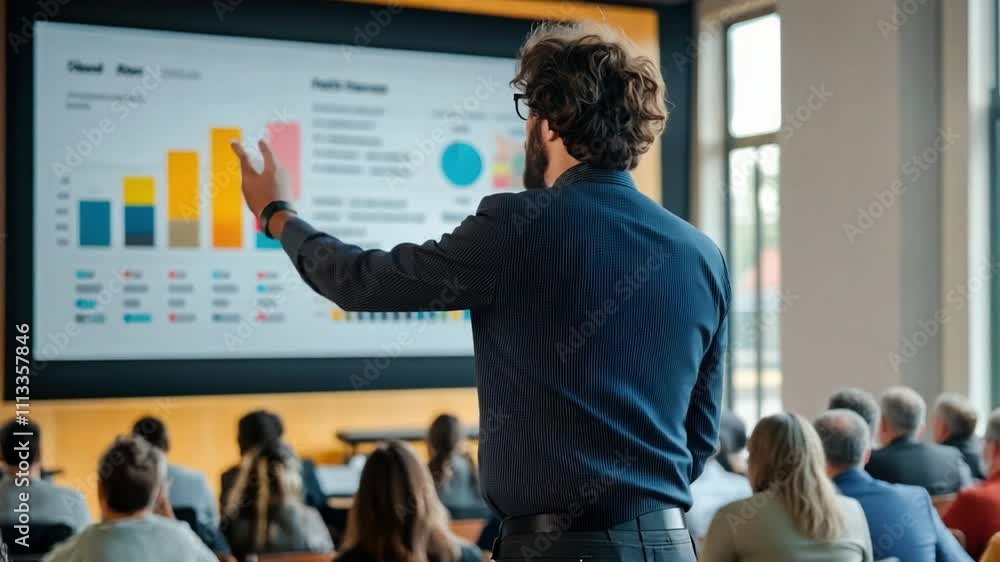 Aufkleber A man is standing in front of a large screen with a presentation on it