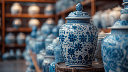 Close-Up of Delft Blue Pottery with Intricate Blue and White Patterns