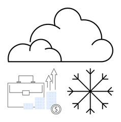 Business briefcase, financial growth arrows and coins, cloud, and snowflake highlight diverse industries and seasonal concepts. Ideal for business, finance, weather, climate, technology seasonal