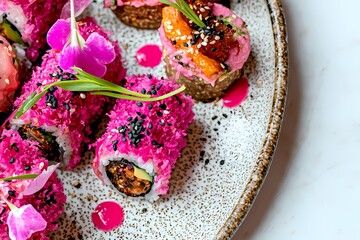 Fototapeta premium Colorful Sushi Rolls with Bright Toppings on Decorative Plate