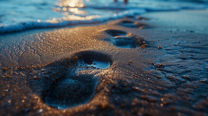 Close-Up of Footprints in Wet Sand on Beach with Waves Gently Erasing