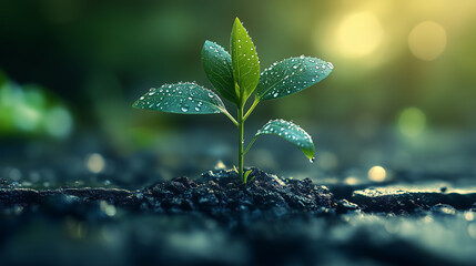 Green Plant Growing Through Cracked Concrete with Morning Dew