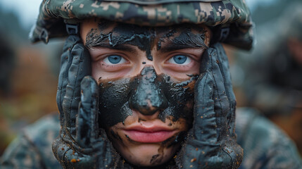 Soldier Applying Camouflage Paint Before Training