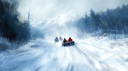 Winter sledding, snowy landscape, three riders.