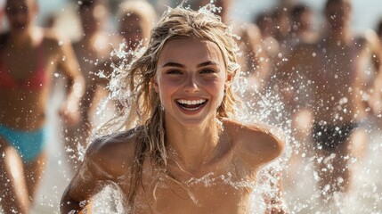 Obraz premium A blonde woman joyfully splashes through the water on a sunny beach, highlighting the vibrant energy and carefree vibe ideal for summer vacation or fitness branding.