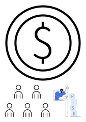 Dollar sign in circle, six people icons, person building risk blocks tower. Ideal for finance, risk assessment, investment strategy, team collaboration, financial planning, economic analysis