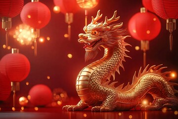 Fototapeta premium A majestic golden dragon sculpture amidst vibrant red lanterns, perfect for Chinese New Year 2024 celebrations, evoking a festive atmosphere with ample design space.