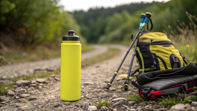 Large yellow water bottle standing on gravel path with hiking backpack and trekking poles resting on the ground, suggesting a hiker is taking a break during their trek in the tranquil forest