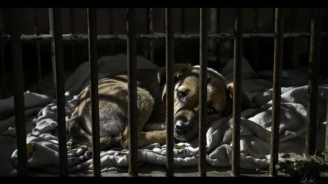 A Lonely Dog Behind Bars: A Captive Canine's Sad Gaze in a Dimly Lit Shelter Cage