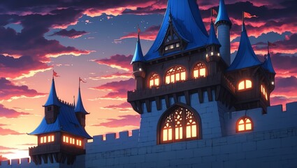Obraz premium Elegant anime style sunset on castle tower background