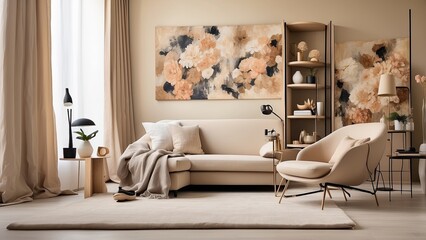  A chic arrangement of a modern, comfortable living room featuring a folding screen, a beige armchair, personal items, and a wall painting with a structure. Carpet on the floor and