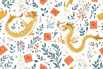 Obraz premium Colorful Dragon and Floral Pattern for Art and Decor Projects