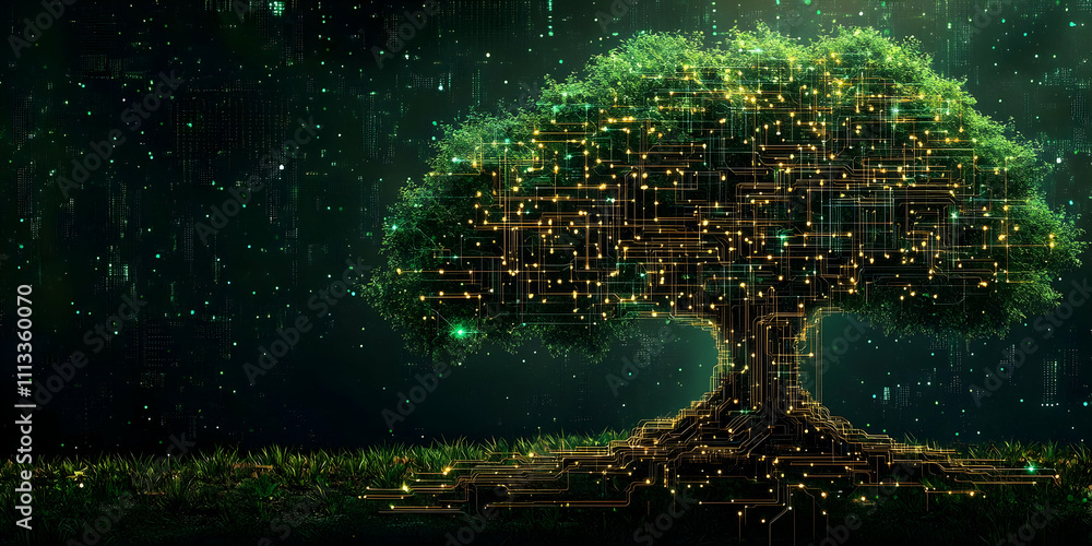 Poster a digital tree illuminated with glowing circuitry, symbolizing the fusion of nature and technology.