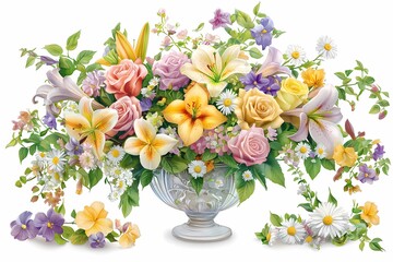 Obraz premium Vibrant Floral Arrangement with Roses and Lilies in Elegant Vase