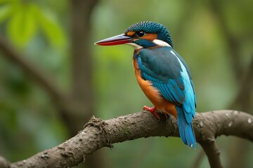 Obraz premium Vibrant Kingfisher Perched on Branch in Lush Green Forest
