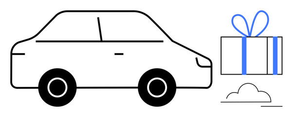 Car with two wheels and a gift box featuring blue ribbon. Ideal for themes on transportation, delivery, celebrating special occasions, logistics, holiday sales, business rewards, and e-commerce. Line