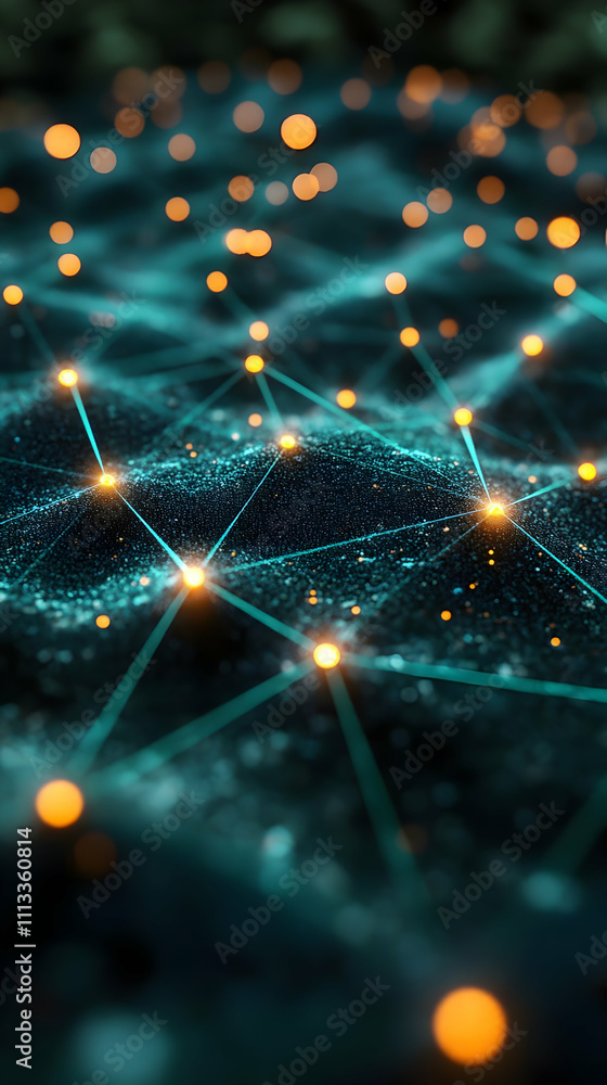 Poster Abstract visualization of interconnected nodes and pathways, symbolizing data networks.