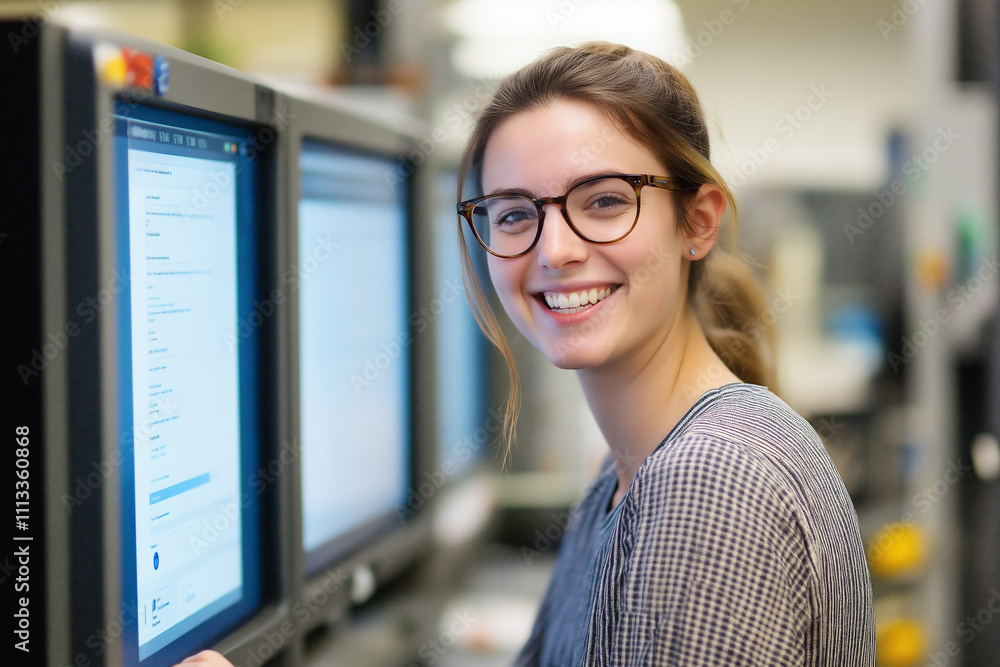 Aufkleber young woman smiling while working at computers in a modern office environment. generative ai