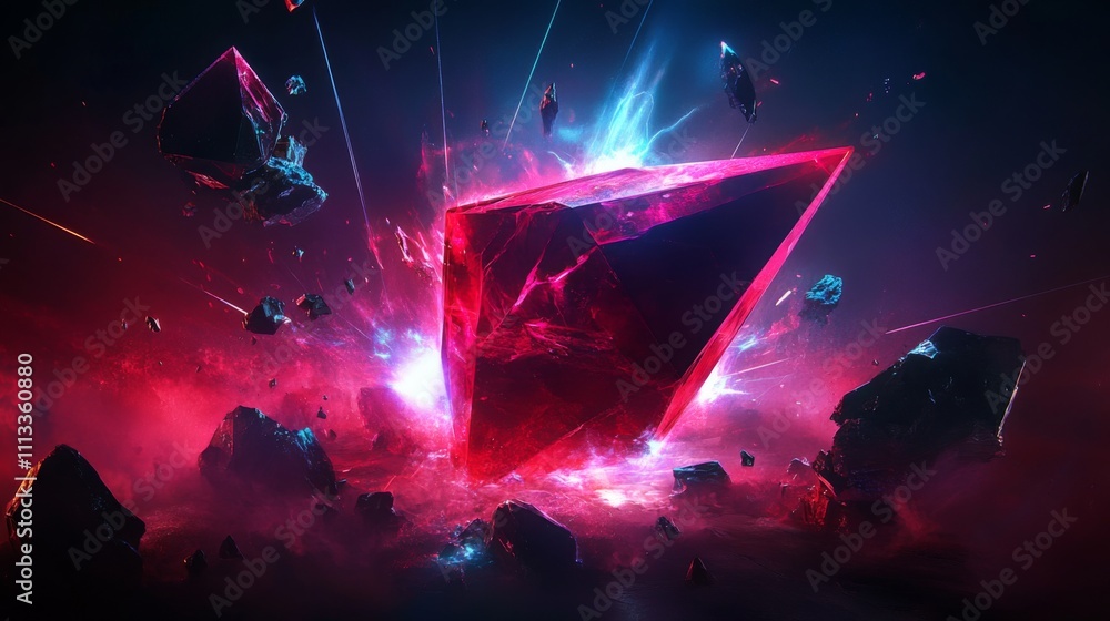Aufkleber futuristic sci-fi digital art with triangular object and colorful crystals on dark background