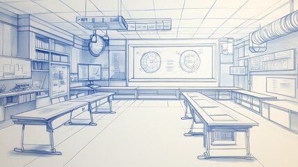 Fototapeta premium Blueprint sketch of a spacious, modern classroom with long tables, monitors, and technical equipment.