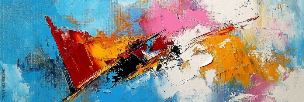 Poster dynamic abstract painting with vibrant colors and textures, blue background with orange triangle. mo