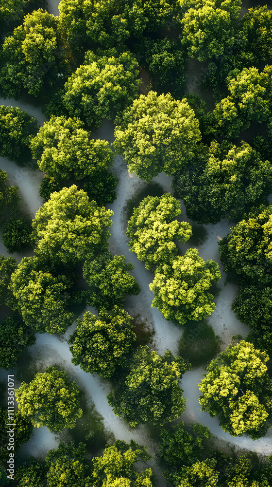 Poster aerial view of lush green trees with winding paths through a forested area.