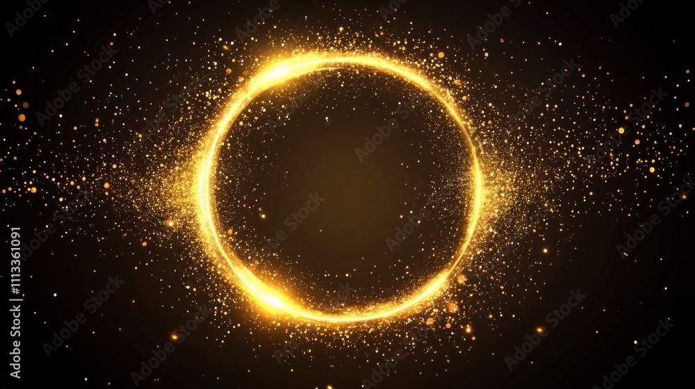 Poster golden sparkling circle on black background, creating depth with varying particle sizes and shapes, 