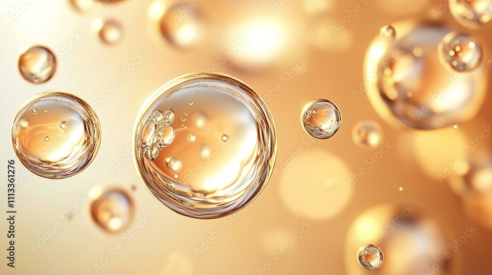 Poster bubbles of various sizes and shapes floating in dreamy gradient background with soft blurred orange 