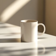 White Ceramic Mug on a White Table with Sunlight Streaming In