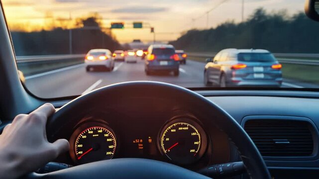 A person is driving a car on a highway with a sunset in the background