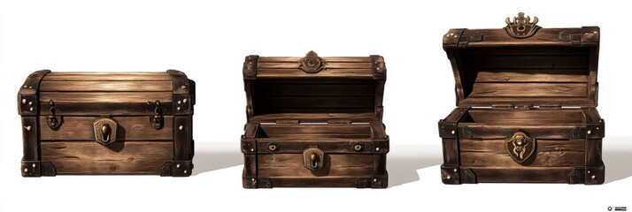 Fototapeta premium Rustic wooden chests with intricate carvings and weathered appearance - rectangular, open, and smaller with locks and keyhole details
