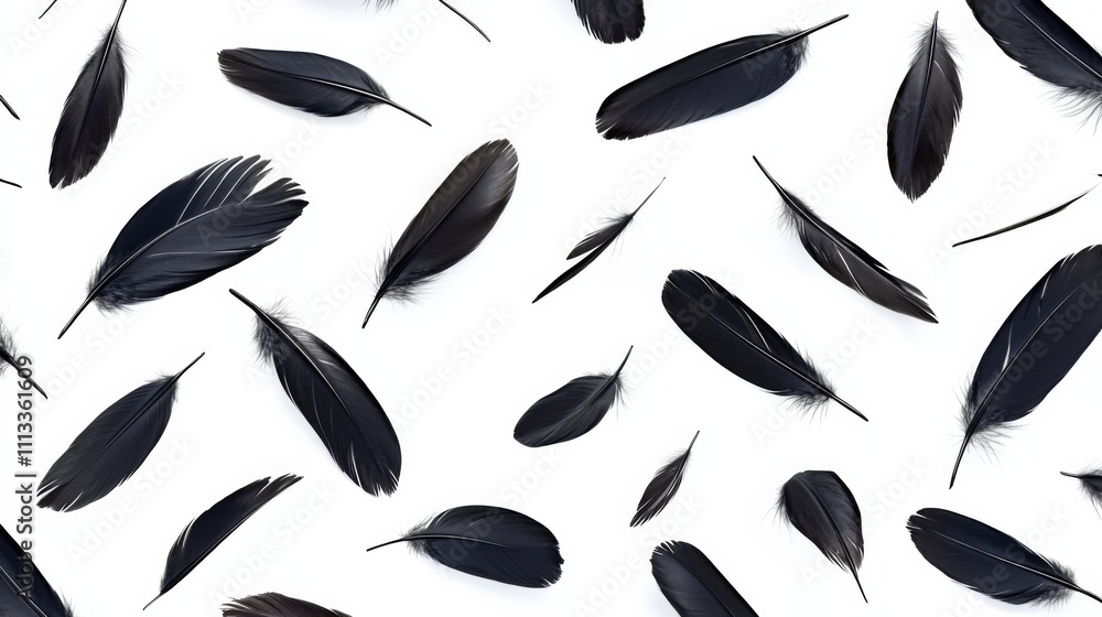 Poster chaotic and random seamless black feather pattern on white background with varying sizes, shapes, an