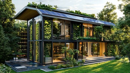 Fototapeta premium A modern eco-friendly home with solar panels on the roof, a vertical garden on the walls, and large glass windows surrounded by greenery, showcasing sustainable living