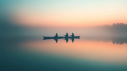 Three rowers in a boat at sunrise.