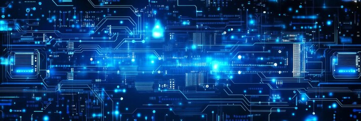 Fototapeta premium Abstract digital background with blue and black color scheme featuring circuit board pattern and various electronic components creating depth