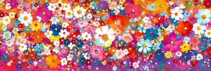 Colorful and vibrant floral pattern with a variety of flowers in pink, orange, yellow, white, blue, and purple. Cheerful and lively display