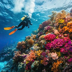Fototapeta premium Diver explores vibrant coral reef, underwater.