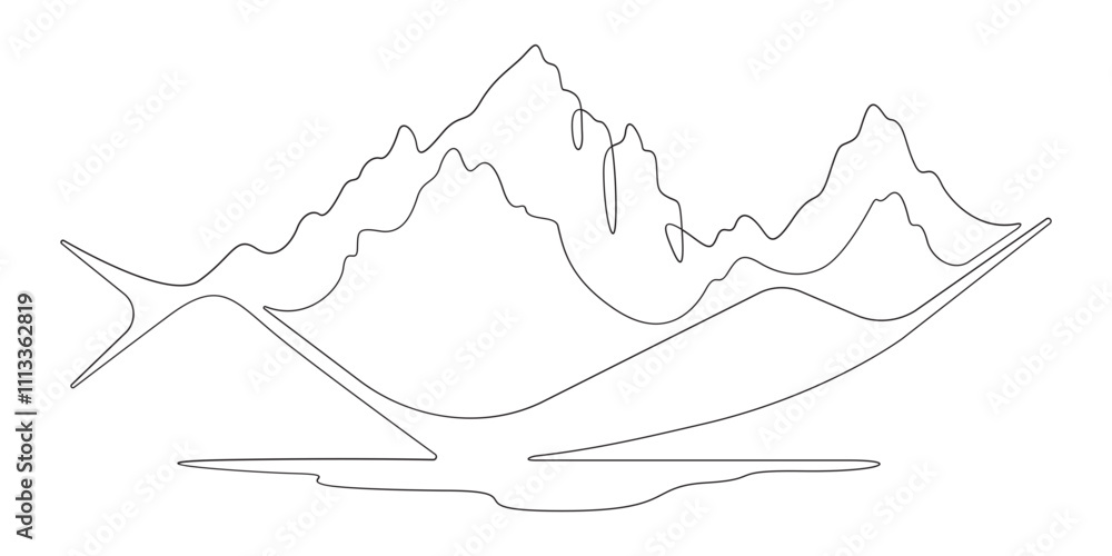 Poster continuous one line drawing mountain landscape. minimalistic view of high mountains. beautiful scene