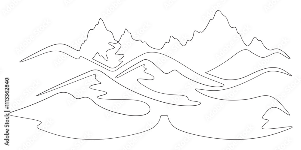 Poster continuous one line drawing mountain landscape. minimalistic view of high mountains. beautiful scene