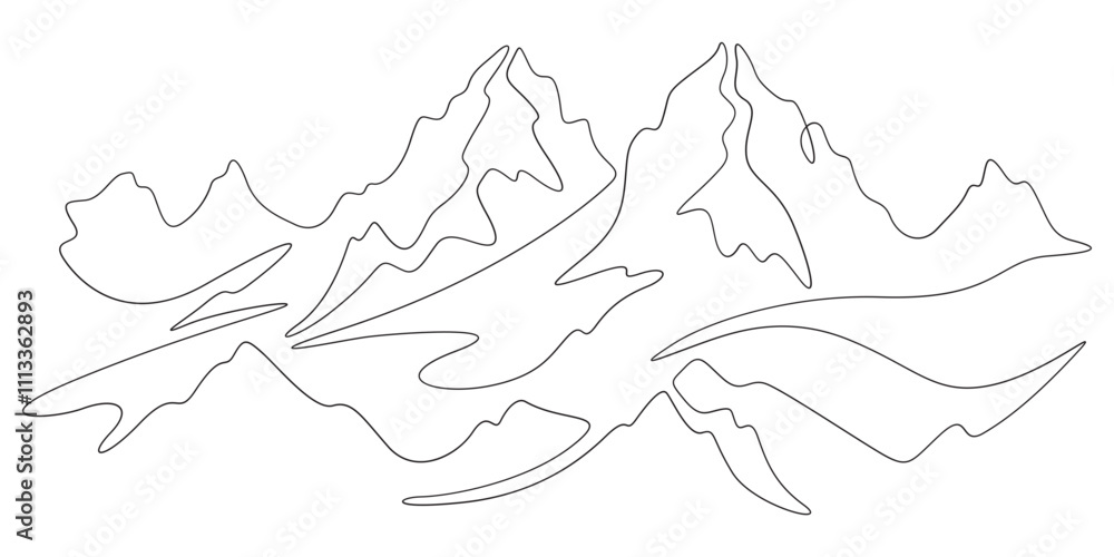 Poster continuous one line drawing mountain landscape. minimalistic view of high mountains. beautiful scene