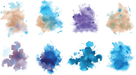 Set of watercolor circles brash multicolored. The picture features a blue watercolor cloud pattern on a white background.