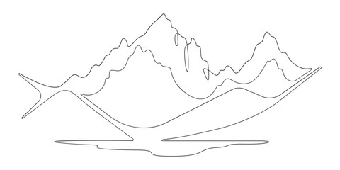 Fototapeta premium Continuous one line drawing Mountain landscape. Minimalistic view of high mountains. Beautiful scenery .One continuous line isolated minimal illustration.Not AI.