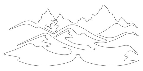 Continuous one line drawing Mountain landscape. Minimalistic view of high mountains. Beautiful scenery .One continuous line isolated minimal illustration.Not AI.
