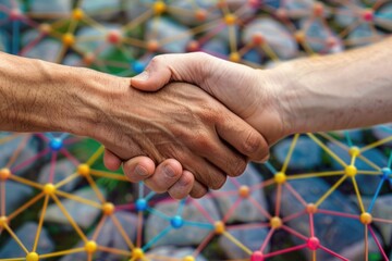 Multinational group shaking hands with communication network concept.